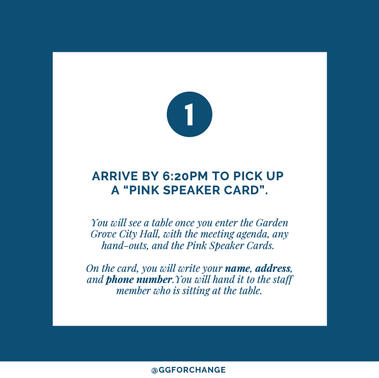 (1) ARRIVE BY 6:20 PM TO PICK UP A "PINK SPEAKER CARD".